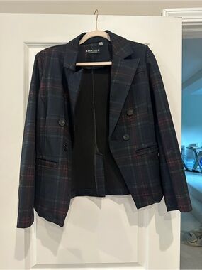 bagatelle Navy Plaid Double-Breasted Blazer with Subtle Red & Green Accents